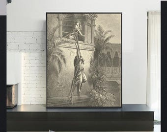 THE ESCAPE of DAVID through the window-Gustave Doré,Antique Wall Art,Vintage Religious Giclee Art,Bible Verse Art,Custom sizes available
