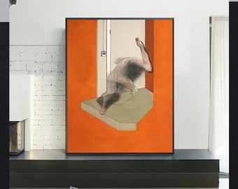 May include: A painting of a nude figure contorted in a room with an orange wall and a doorway. The figure is positioned on a platform with a green surface.