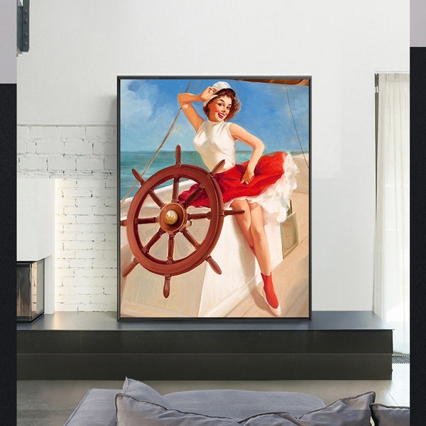 Sailor Girl-GIL ELVGREN,Giclee Repro Print,Retro Deco Pin-Up,American pin up girl,Home Office Decor,Wall Art,Custom size available