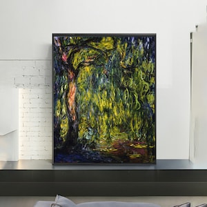 Puede incluir: Una pintura de un sauce llorón con hojas verdes, amarillas y azules. El árbol está en un paisaje con un camino que lleva al árbol.