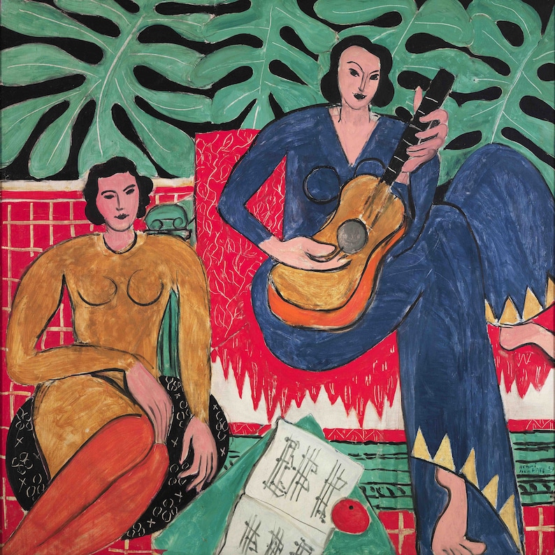 May include: A painting depicting two women, one playing a guitar and the other seated with a sheet of music. The woman playing the guitar is wearing a blue dress and the woman sitting is wearing a yellow dress. The background features a red and green pattern.