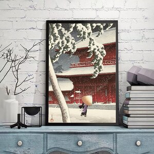 Snow at Zojoji Temple, Shiba by Kawase Hasui-Vintage Japan Poster,Ukiyoe Art,Woodblock reprints, giclée print,Custom size available
