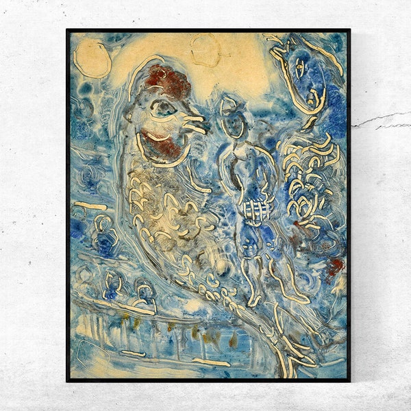 Le Grand Coq, Fond Bleu, 1966-Marc Chagall,Home office decor,NY Exhibition Print,canvas Wall Art poster,Dimensioni personalizzate disponibili