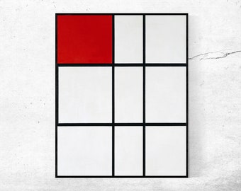 May include: Abstract art print featuring a grid design with black lines and white and red blocks. The artwork is framed with a black border and is displayed against a textured white wall.