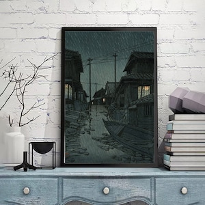 Lluvia nocturna en Kawarako, Prefectura de Ibaragi por Kawase Hasui-Vintage Japan Poster, Ukiyoe Art, impresión giclée, Tamaño personalizado disponible