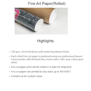 May include: Rolled fine art paper in a cardboard tube. The paper is 192 gsm, 10 mil thick, and has a matte finish. It is printed with archival inks and comes with a 100+ year color guarantee.