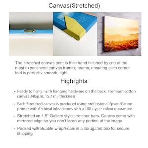 May include: A stretched canvas print with a colorful landscape scene. The canvas is ready to hang with hanging hardware on the back. It is made with premium cotton canvas, 340gsm, 15.7 mil thickness. The canvas is stretched on 1.5 inch gallery style stretcher bars and comes with a mirrored edge. It is packaged with bubble wrap and foam in a corrugated box for secure shipping.