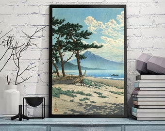 川瀬巴水作「岸尾から見た富士山」、木版画、ジクレー、版画