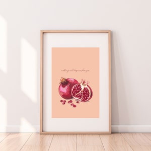 Utskrivbar väggkonst med granatäpplefrukt | Persefone och Hades romantisk målad mat heminredning | Digital poster med citat från grekisk mytologi
