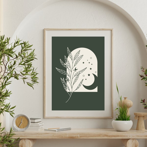 Simple Abstract Boho Plant Branch Illustration | Deep Teal Leaf Moon and Stars Arch Digital Art Print | Minimalist Outline Home Wall Decor