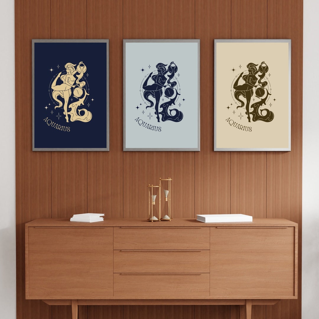 Set of 3 Minimalist Aquarius Girl Line Art Print Boho Zodiac Digital