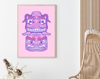 Printable Pop Art Pink Totem Pole Illustration | Stacked Japanese Mask Digital Art Print