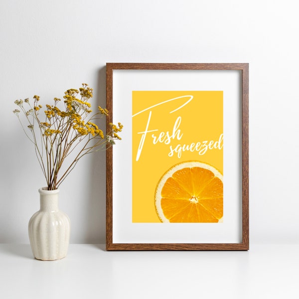 Fresh Squeezed Orange Juice Retro Digital Photo Art Print | Citrus Juice Cute Kitchen Home Decor | Minimalist Food Fruit Wall Poster