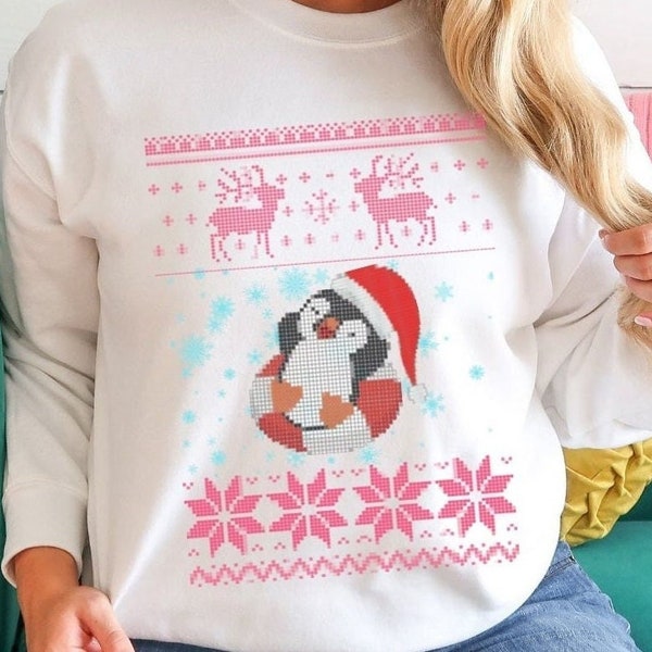 Ugly Christmas Sweatshirt,  Santa's Lil Penguin Taking A Break, Floating Penguin On A Raft With Snowflakes falling.  Taking Breaks