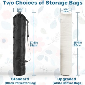 May include: Image of two storage bags. The black polyester bag is 95 cm tall and 20 cm wide. The white canvas bag is 90 cm tall and 10 cm wide. Text reads "Two Choices of Storage Bags".
