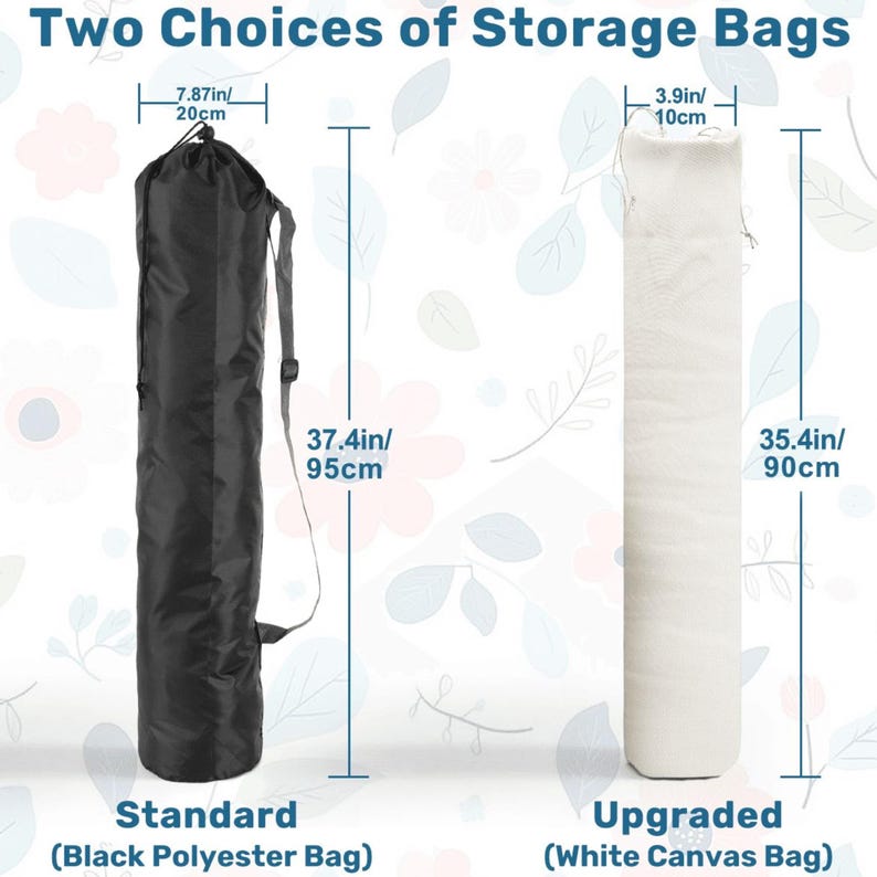 May include: Image of two storage bags. The black polyester bag is 95 cm tall and 20 cm wide. The white canvas bag is 90 cm tall and 10 cm wide. Text reads "Two Choices of Storage Bags".