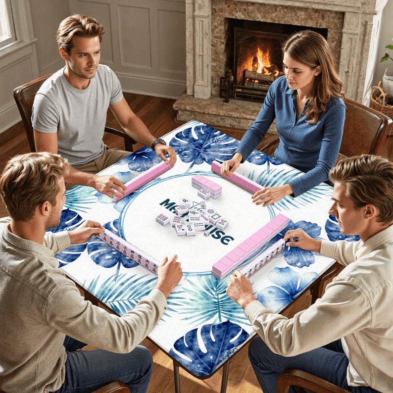 Coastal Mahjong Mat – Blue Palm Hibiscus Tabletop – Today It’s Mah House Game image 12