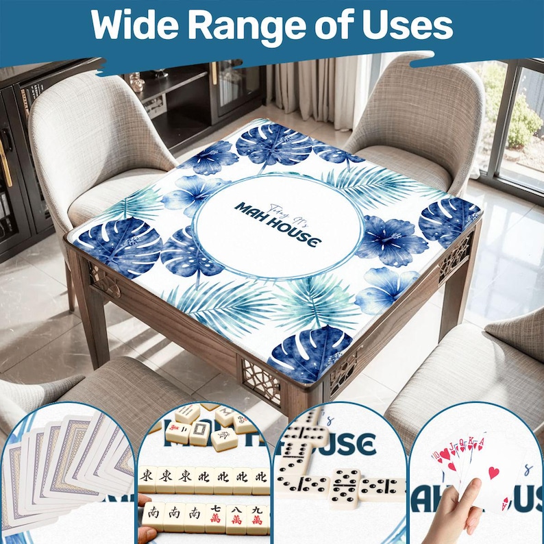 Coastal Mahjong Mat – Blue Palm Hibiscus Tabletop – Today It’s Mah House Game image 1
