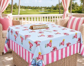 Coastal Cabana Mahjong Tablecloth | Pink Crabs, Cocktails, Stripes (100% Cotton)