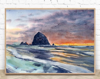 Cannon Beach Painting Large Watercolor Print Oregon Coast Poster Haystack Rock Print Teal Ocean Fine Art