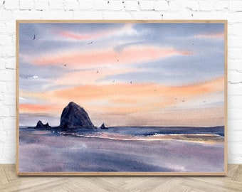 Cannon Beach Painting Oregon Coast Extra Large Watercolor Print Haystack Rock Poster Ocean Sunset Fine Art