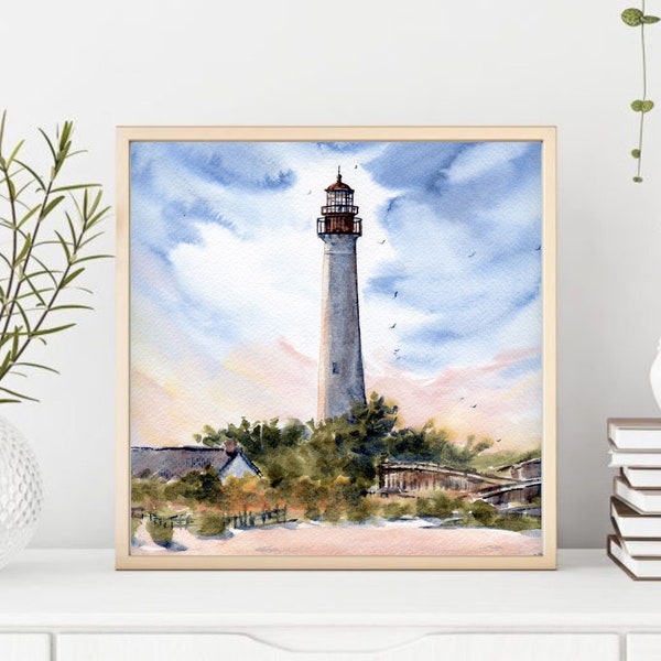 Cape May Lighthouse Fine Art Large PRINT Cape May Point Wall Art New Jersey Coast Watercolor