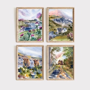 Scotland Painting Scottish Landscape Large PRINT Highland Watercolor Set of 4 Prints