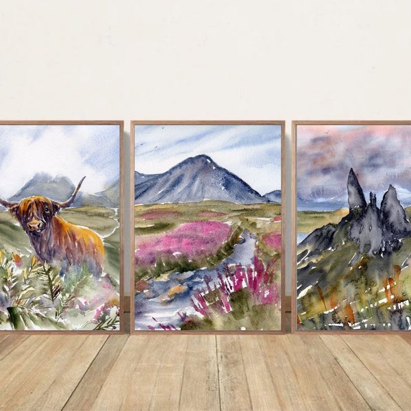 Scottish Landscape Painting Isle of Skye Fine Art Large PRINT Scottish Cow Watercolor Set of 3 Prints