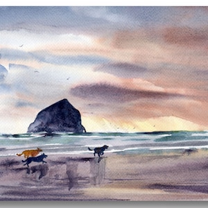 Cannon Beach Painting Large Watercolor Print Oregon Coast Poster Haystack Rock Print Dog Beach