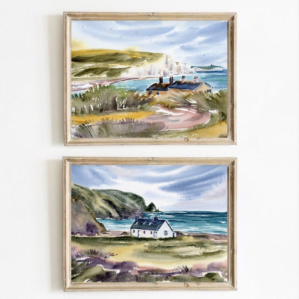 British Art Scotland Gifts Isle of Skye Coast Seven Sisters Cliff Art Large PRINT Scottish Landscape Watercolor Set of 2 Prints