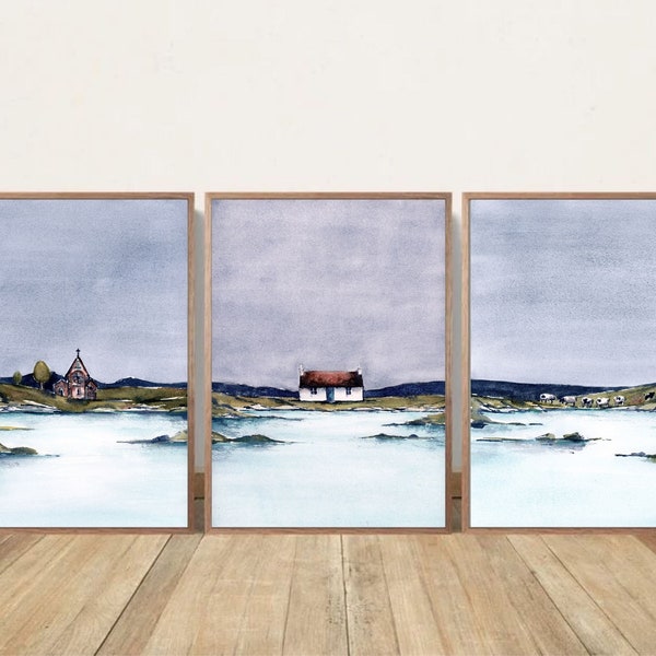 Scottish Landscape Lake Scotland Minimalist Art Large PRINT Wall Art Bothy Loch Watercolor Set of 3 Prints