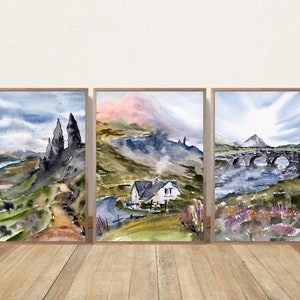 Scotland Painting Isle of Skye Fine Art Large PRINT Watercolor Set of 3 Prints