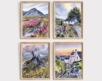 Scotland Painting Scottish Landscape Waretcolor Large PRINT Scotland Fine Art Set of 4 Prints