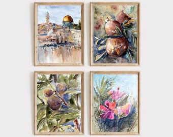 Jerusalem Israel Malerei Felsendom Kunst extra großer Druck Israel Reise Fine Art Print Aquarell 4er Set