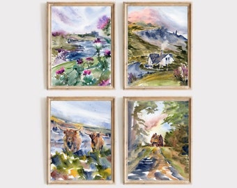 Scotland Painting Scottish Landscape Large PRINT Highland Watercolor Set of 4 Prints