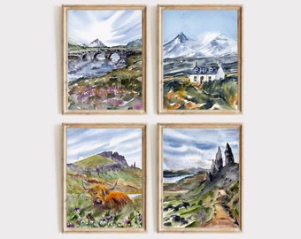 Scotland Painting Isle of Skye Art Large PRINT Scottish Landscape Watercolor Set of 4 Prints