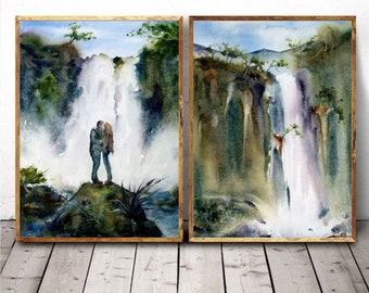 Iceland Painting Waterfall Art Large Print Icelandic Landscape Wall Art Iceland Couple Fine Art Iceland Watercolor Set of 2 Prints