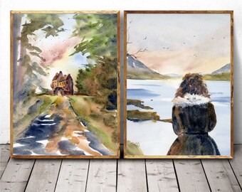 Outlander Fine Art grote print kasteel schilderij Schots landschap Lake print aquarel set van 2 prints