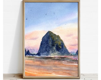May include: A framed watercolor painting depicting a large, dark, textured rock formation rising from a sandy beach. The sky above features soft gradients of blue, pink, and orange, with several small birds flying in the distance above the horizon.