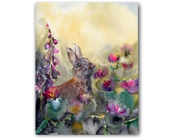 Bunny Painting Rabbit Art Large Print Vintage Easter Floral Wall Art Vintage Bunny Nursery Watercolor Painting Print