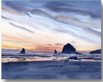 Cannon Beach Painting Haystack Rock PRINT Oregon Coast Large Art Sunset Seaside Print Watercolor
