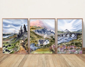Scotland Painting Isle of Skye Fine Art Large PRINT Watercolor Set of 3 Prints