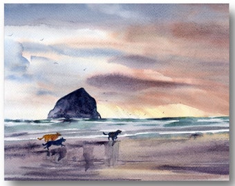 Cannon Beach Painting Large Watercolor Print Oregon Coast Poster Haystack Rock Print Dog Beach