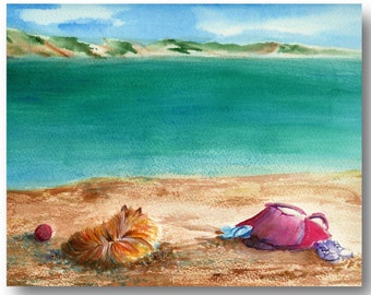 Art de plage de Poméranie Chien sur la plage Impression de peinture Oeuvre de chien de mer