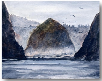 Oregon Coast Painting Large Cannon Beach Watercolor Fine Art Print Haystack Rock Minimalist Black White Wall Art