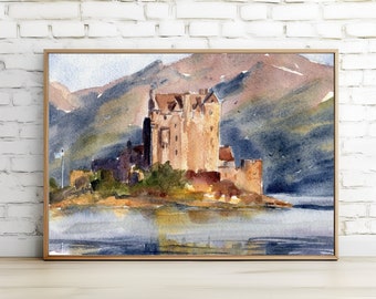 Eilean Donan Castle Art Print Scottish Watercolor Painting