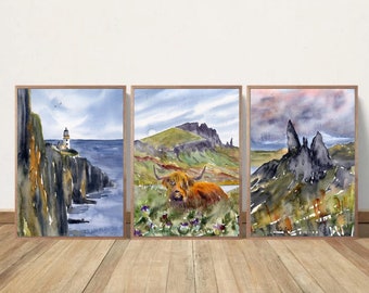 Isle of Skye Painting Neist Point Lighthouse Fine Art Large PRINT Scottish Landscape Highland Cow Watercolor Set of 3 Prints