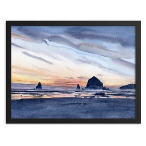 Cannon Beach Painting Haystack Rock FRAMED PRINT Oregon Coast Large Art Sunset Seaside Print Watercolor