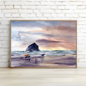 Cannon Beach Art Haystack Rock Oregon Coast Painting Print Watercolor image 3
