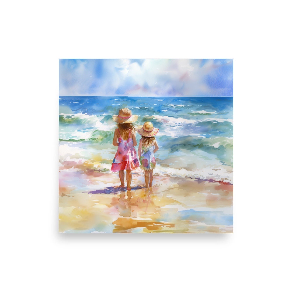 Two Sisters on Beach Art Beach Girls Painting Print Coast Ocean